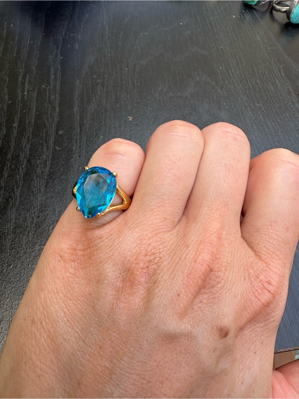 18k Gold Electroplated Ring with Blue Gemstone - Size 4.75 - Picture 4 of 13